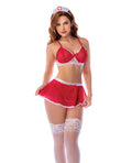 Nurse Mesh Lace - Trim Bralette, Flared Mini Skirt, Thong & Headpiece - Red/White