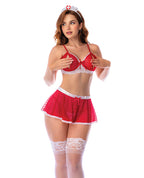 Nurse Mesh Lace - Trim Bralette, Flared Mini Skirt, Thong & Headpiece - Red/White