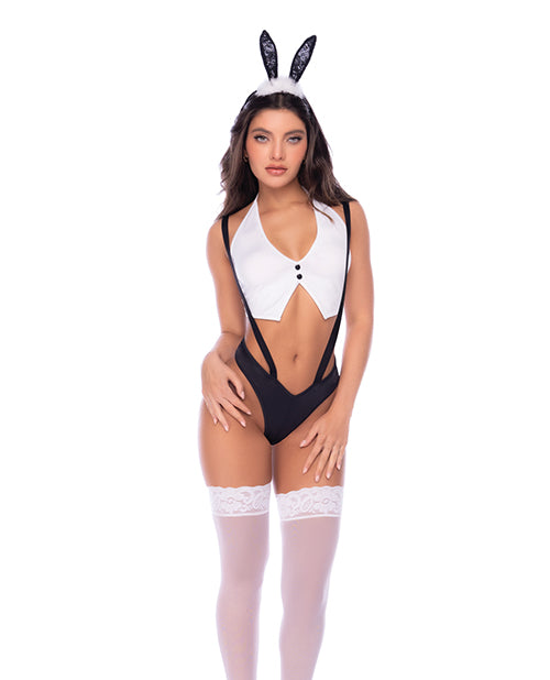 Sexy Bunny 3 pc Set w/Halter Top, Suspender Panty, & Bunny Ear Headband - Black/White