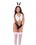 Sexy Bunny 3 pc Set w/Halter Top, Suspender Panty, & Bunny Ear Headband - Black/White