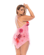 Floral Printed Mesh Babydoll w/Convertible Straps & G - String 2 pc Set - Pink