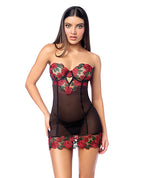 Untamed Floral Embroidered Underwire Babydoll w/Back Lace Up Detail & G - String - Black/Red