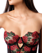 Untamed Floral Embroidered Underwire Babydoll w/Back Lace Up Detail & G - String - Black/Red