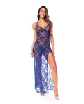 Sheer Lace Maxi Dress w/Adjustable Straps & High Side Slit - Royal Blue