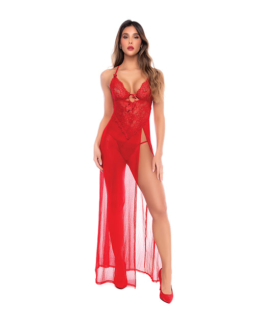 Dotted Lace & Mesh Maxi Dress w/High Side Slit & Thong - Red