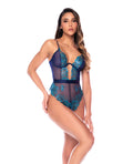 Risk the Feeling Sheer Lace & Mesh Bodysuit w/Back Tie Detail & Snap Crotch - Midnight Blue