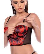 Strapless Mesh Bustier w/Lace Up Back & Thong 2 pc Set - Black/Red
