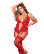 Lace & Mesh Teddy w/Hook & Eye Crotch Closure w/Attached Garter Straps Red