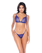 Lace Bralette w/G - String & Garter 3 pc Set - Sapphire Blue