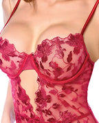 Lovers Lace & Mesh Underwire Bustier & G - String w/Back Lace Up Detail 2 pc Set - Red