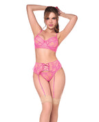 Sheer Lace Underwire Top w/Panty & Garter 3 pc Set - Pink