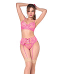 Sheer Lace Underwire Top w/Panty & Garter 3 pc Set - Pink
