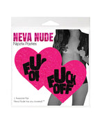 Neva Nude Fuck Off Glitter Blacklight Reactive Heart Pasties - Pink/Black