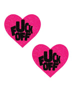 Neva Nude Fuck Off Glitter Blacklight Reactive Heart Pasties - Pink/Black