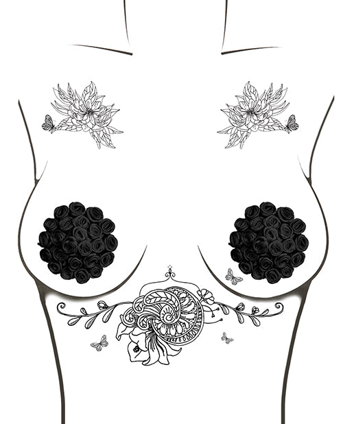 Neva Nude Burlesque Nightfall Roses Reusable Silicone Pasties - Black