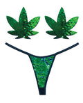 Neva Nude Naughty Knix Weed Leaf Sequin G - String & Pasties - Green