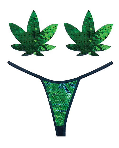 Neva Nude Naughty Knix Weed Leaf Sequin G - String & Pasties - Green