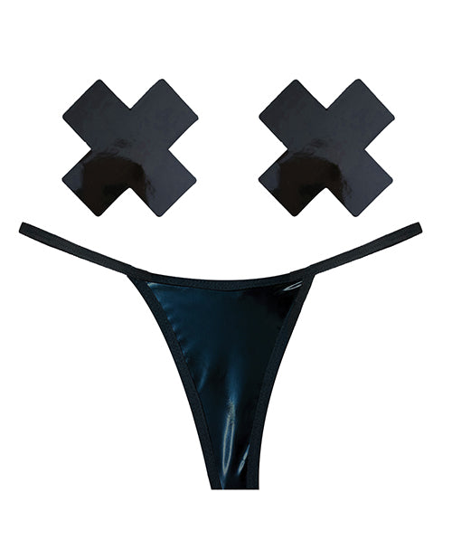 Neva Nude Naughty Knix Dom Squad Wet Vinyl G - String & Pasties - Black