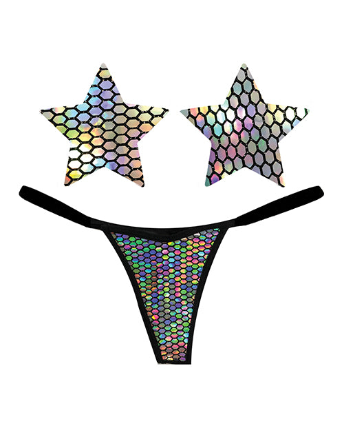 Neva Nude Naughty Knix Mirrored Mayhem Holographic G - String & Pasties - Black