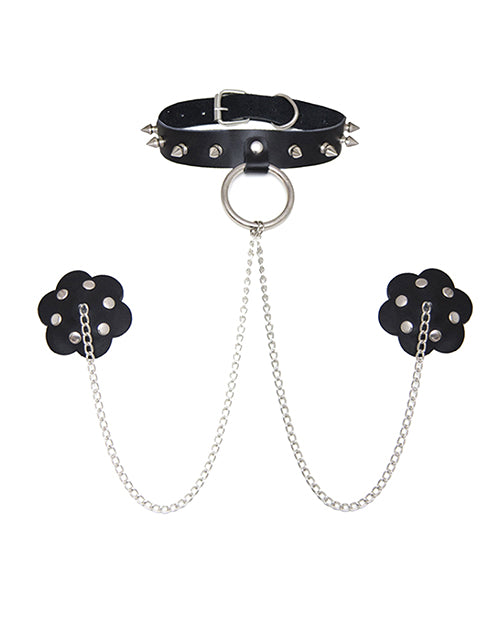 Neva Nude Burlesque Slave 4 U Chain Neck Choker Leather Reusable Silicone Pasties - Black
