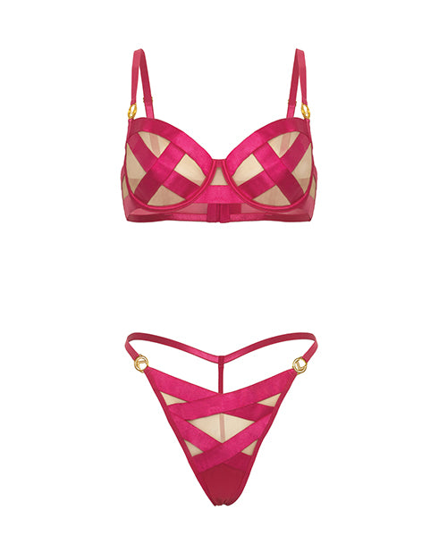 Raelynn Satin Strappy Underwire Bra w/G - String 2 pc Set - Pink Yarrow