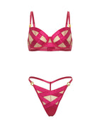 Raelynn Satin Strappy Underwire Bra w/G - String 2 pc Set - Pink Yarrow