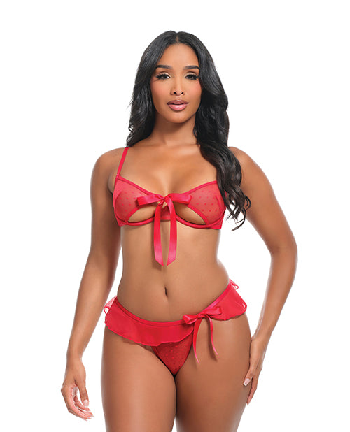 Aubrielle Polka Dot Mesh Underwire Bra w/Thong & Ruffle Details 2 pc Set - Red