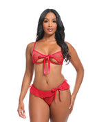 Aubrielle Polka Dot Mesh Underwire Bra w/Thong & Ruffle Details 2 pc Set - Red
