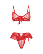 Aubrielle Polka Dot Mesh Underwire Bra w/Thong & Ruffle Details 2 pc Set - Red