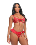 Aubrielle Polka Dot Mesh Underwire Bra w/Thong & Ruffle Details 2 pc Set - Red