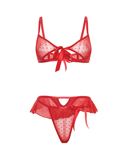 Aubrielle Polka Dot Mesh Underwire Bra w/Thong & Ruffle Details 2 pc Set - Red
