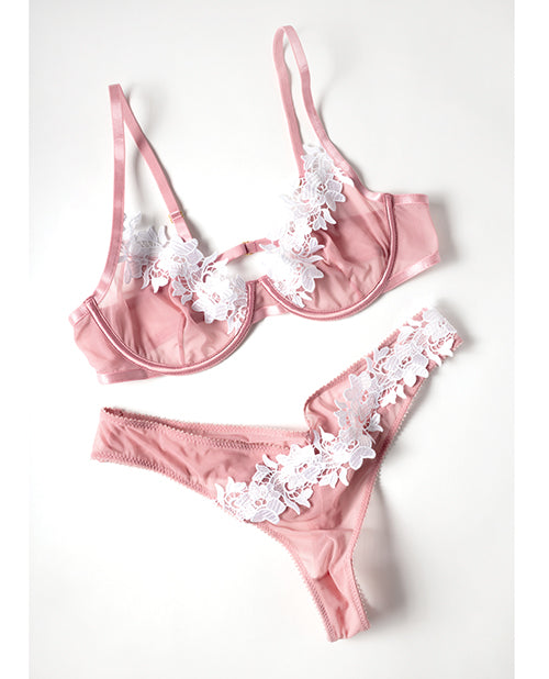 Glinda Mesh 2 pc Set w/Floral Embroidered Details - Pink & White