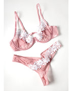 Glinda Mesh 2 pc Set w/Floral Embroidered Details - Pink & White