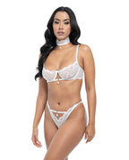Pearla Lace Underwire Bra & Open Back Panty w/Matching Collar 3 pc Set - White