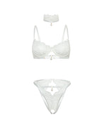 Pearla Lace Underwire Bra & Open Back Panty w/Matching Collar 3 pc Set - White