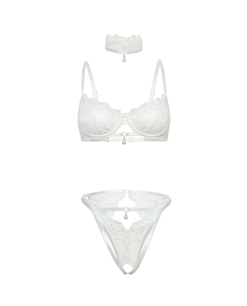 Pearla Lace Underwire Bra & Open Back Panty w/Matching Collar 3 pc Set - White