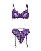 Margo Lace & Mesh Underwire Bra w/Gartered Panty 2 pc Set - Imperial Purple