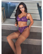 Margo Lace & Mesh Underwire Bra w/Gartered Panty 2 pc Set - Imperial Purple