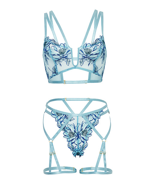 Emilia Floral Embroidered 2 pc Set w/Strapping Details & Attached Double Garter - Blue
