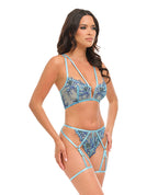 Emilia Floral Embroidered 2 pc Set w/Strapping Details & Attached Double Garter - Blue
