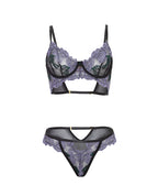Jenna Floral Embroidered Mesh Unlined Underwire Bra & Panty 2 pc Set - Purple/Black