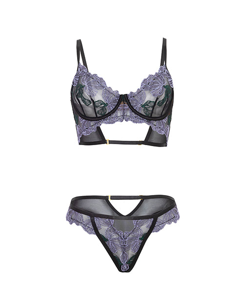 Jenna Floral Embroidered Mesh Unlined Underwire Bra & Panty 2 pc Set - Purple/Black