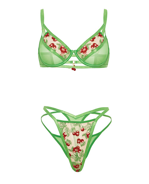 Cheri Underwire Embroidered 2 pc Set w/Cherry Charm Details - Neon Green