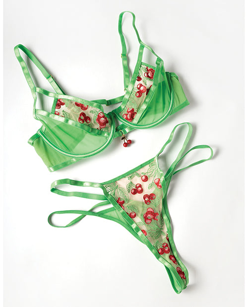 Cheri Underwire Embroidered 2 pc Set w/Cherry Charm Details - Neon Green
