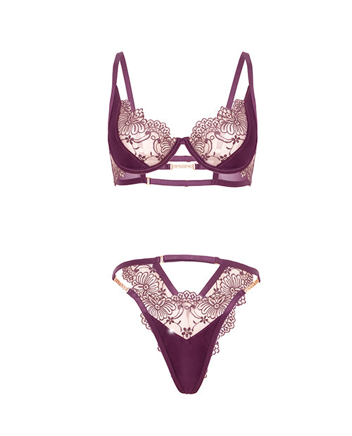 Loretta Floral Embroidered Unlined Underwire Bra & Panty w/Rhinestone Detail - Burgundy