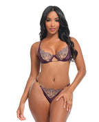 Loretta Floral Embroidered Unlined Underwire Bra & Panty w/Rhinestone Detail - Burgundy