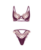 Loretta Floral Embroidered Unlined Underwire Bra & Panty w/Rhinestone Detail - Burgundy