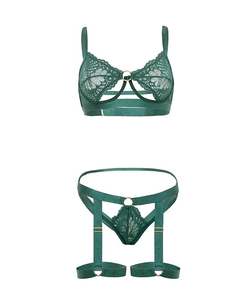 Darlene Unlined Underwire Lace 2 pc Set w/Gartered Panty & Straps - Green