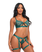 Darlene Unlined Underwire Lace 2 pc Set w/Gartered Panty & Straps - Green