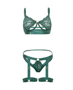 Darlene Unlined Underwire Lace 2 pc Set w/Gartered Panty & Straps - Green